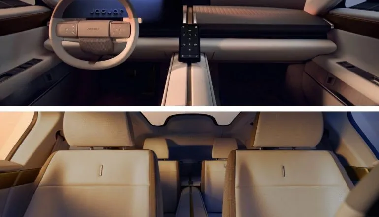 Imagem mostra a interna do Jaguar Type 01. Detalhe para o painel e bancos.
