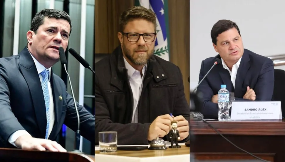 A imagem mostra uma montagem com três fotos dos candidatos ao governo do Paraná: Sergio Moro, Requião Filho e Sandro Alex.