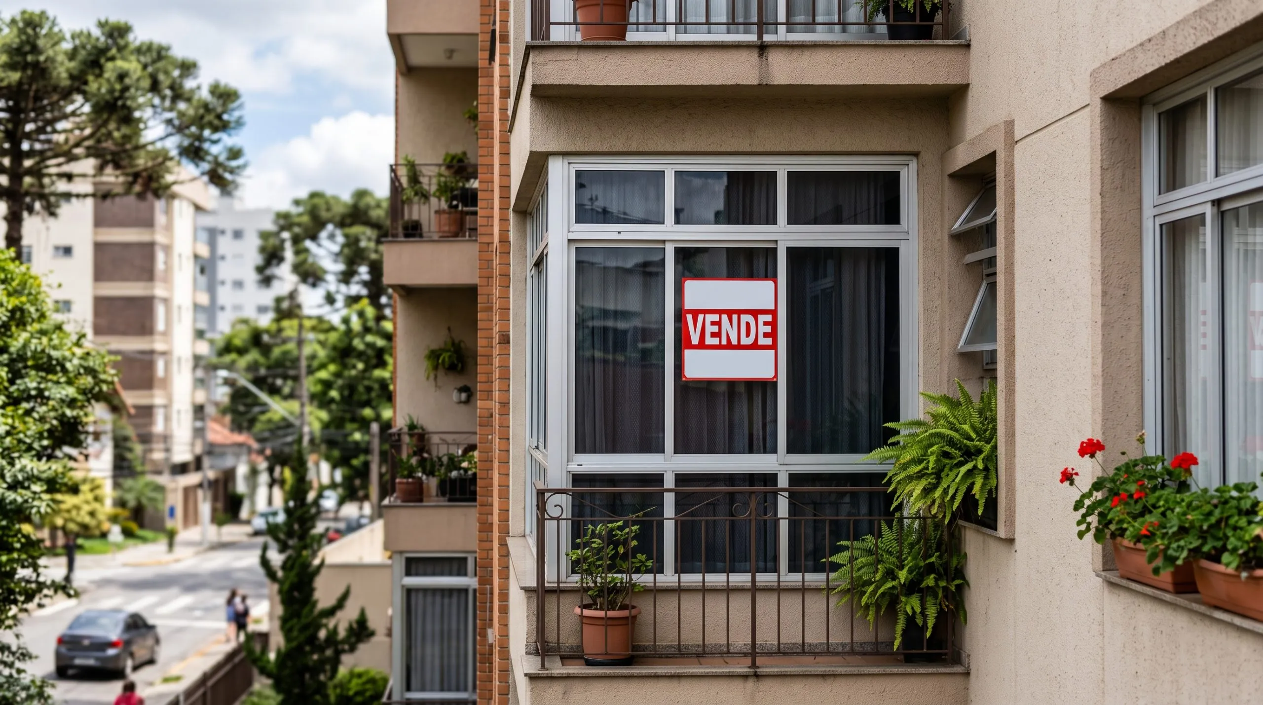Apartamentos de 65 a 100 m² com placa de VENDE na janela