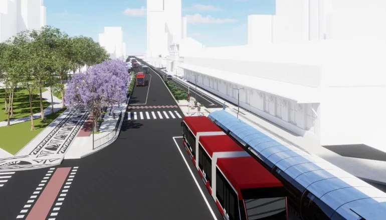 Projeção de como vai ficar a Praça Eufrásio Correia, no Centro de Curitiba, com novas estruturas para o transporte coletivo, áreas para pedestres e melhorias na circulação da região.