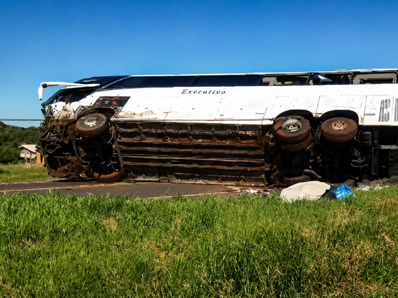 Fotografia mostra um ônibus de viagem branco, identificado como “Executivo”, tombado de lado sobre uma rodovia. O veículo apresenta danos graves na parte dianteira e na lateral, com a estrutura bastante amassada e sujeira de terra e vegetação. As rodas estão voltadas para o lado da câmera. Há pedaços de objetos espalhados próximos ao ônibus. Ao redor, há uma área gramada e, ao fundo, vegetação e algumas construções.