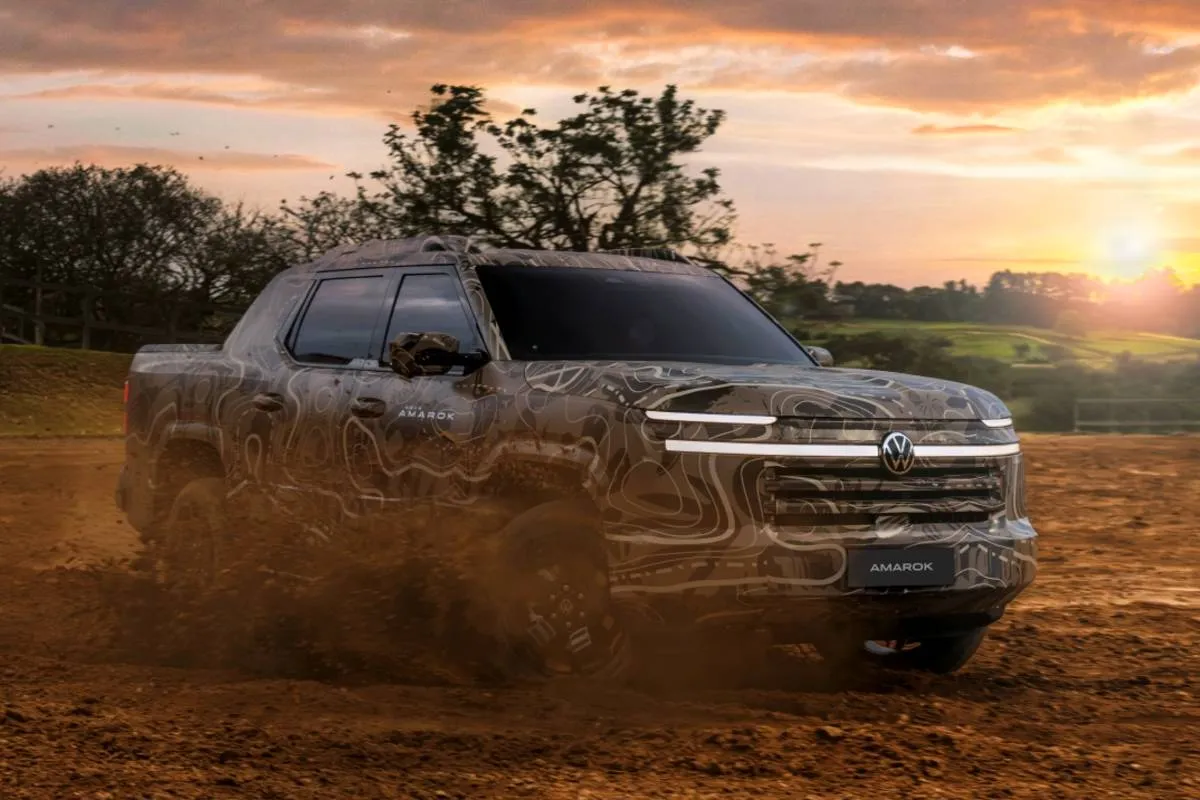 Nova Amarok 2027: detalhe para a frente com nova identidade em LED da nova picape da Volkswagen