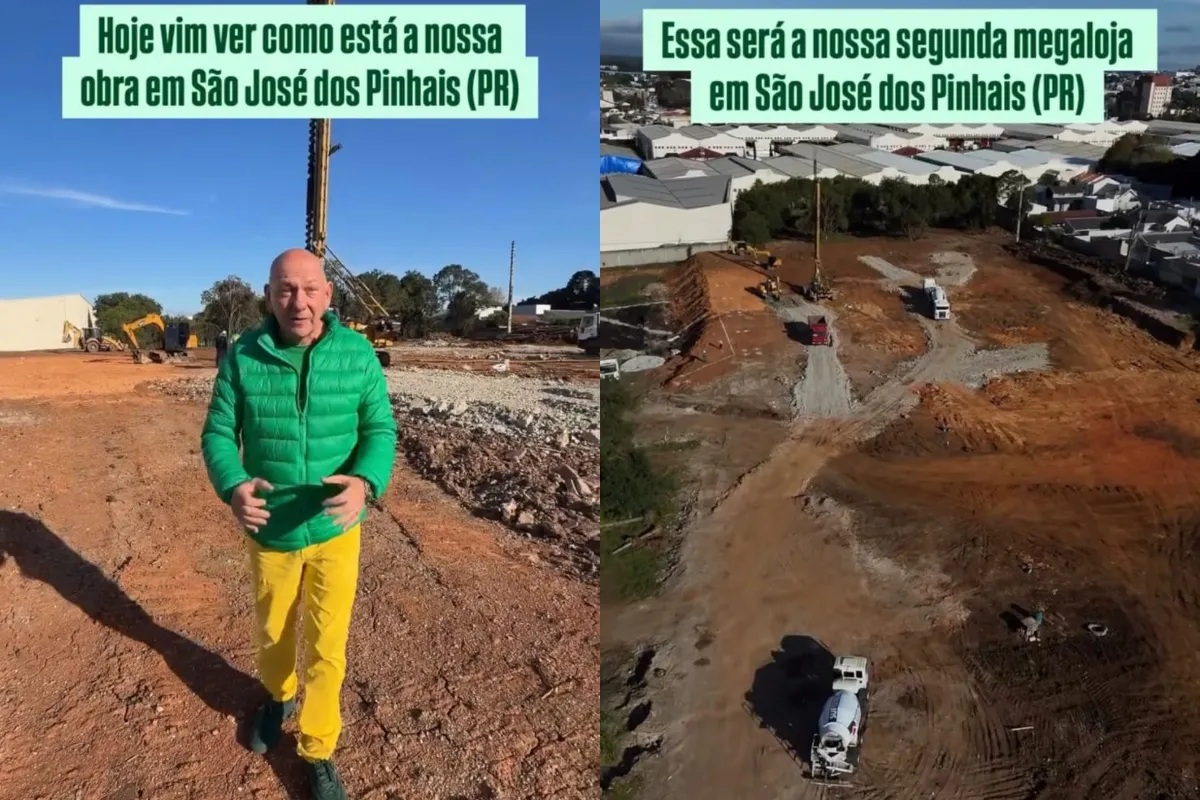Havan de São José dos Pinhais - empresário luciano Hang visitando as obras de terraplanagem e vista aérea do terreno com máquinas na obra