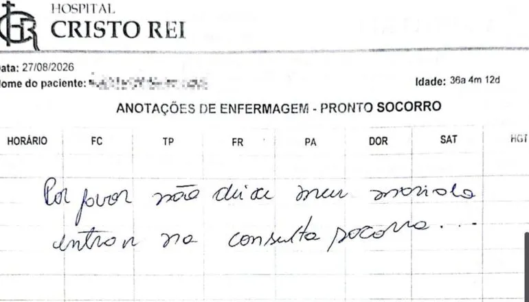 Mulher ameaçada pelo companheiro pede socorro em prontuário médico