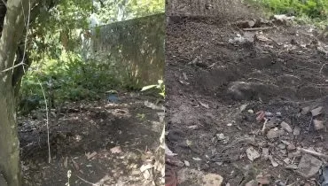 Composição fotográfica dividida em duas imagens verticais lado a lado mostrando áreas de terreno externo com vegetação e entulho. Na imagem da esquerda, vê-se o tronco e a folhagem de uma árvore em primeiro plano, com chão de terra coberto de folhas secas ao longo de um muro alto de alvenaria com musgo. Na imagem da direita, há um detalhe aproximado do solo de terra batida revolvida, repleto de restos de obras, pedaços de tijolos, pedras, galhos secos e emaranhados de arame sob luz natural diurna.