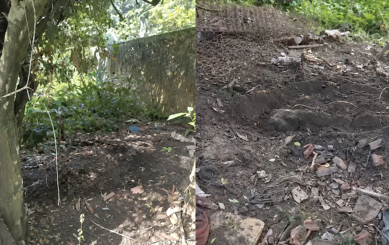 Composição fotográfica dividida em duas imagens verticais lado a lado mostrando áreas de terreno externo com vegetação e entulho. Na imagem da esquerda, vê-se o tronco e a folhagem de uma árvore em primeiro plano, com chão de terra coberto de folhas secas ao longo de um muro alto de alvenaria com musgo. Na imagem da direita, há um detalhe aproximado do solo de terra batida revolvida, repleto de restos de obras, pedaços de tijolos, pedras, galhos secos e emaranhados de arame sob luz natural diurna.