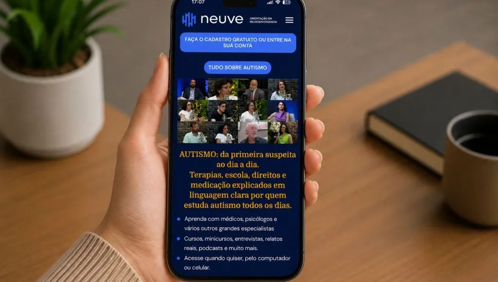 Plataforma sobre autismo / print da página inicial da plataforma Neuve / fotos e nomes de diversos profissionais que falam de autismo