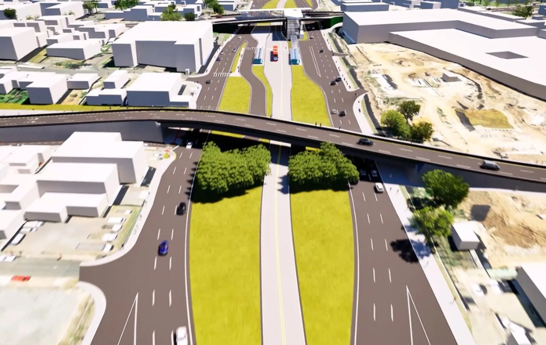 Renderização tridimensional em vista aérea de um projeto arquitetônico e viário urbano. A imagem exibe uma complexa infraestrutura de trânsito composta por um viaduto curvo em nível elevado, pistas asfaltadas com múltiplas faixas de tráfego, canteiros centrais gramados e áreas arborizadas. Ao centro, há uma canaleta exclusiva para ônibus e uma estação-tubo de transporte coletivo. Em torno do complexo viário, alinham-se quarteirões com maquetes brancas de edificações comerciais e residenciais, além de áreas de terreno sob iluminação simulada de dia ensolarado.