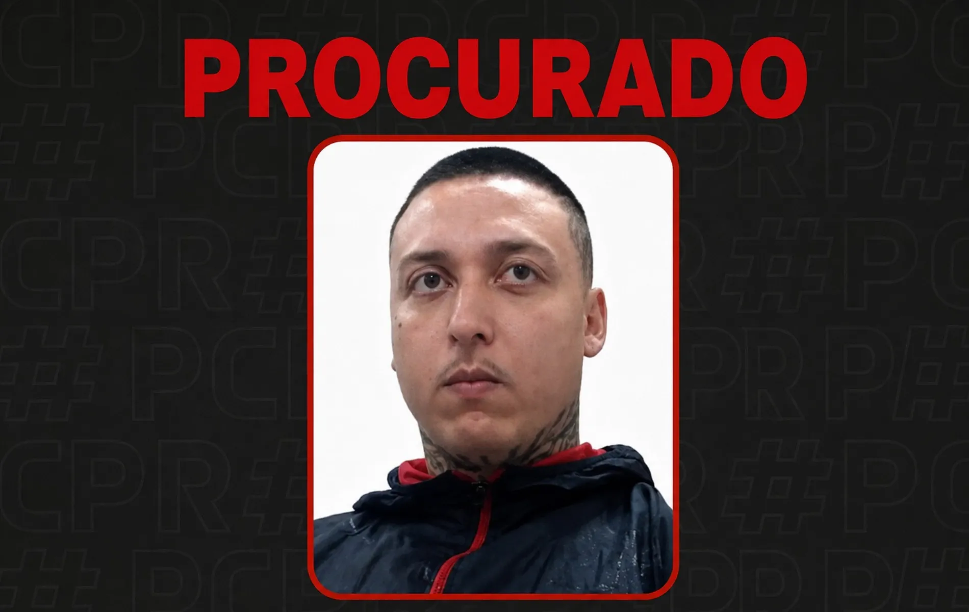 Cartaz institucional de busca da Polícia Civil. Na parte superior, sobre fundo escuro com marca d'água da instituição, destaca-se em letras garrafais vermelhas a palavra "PROCURADO". Ao centro, em moldura de cantos arredondados com borda vermelha, há a foto de rosto de um homem de pele clara, cabelos raspados bem curtos, olhos castanhos e tatuagens visíveis na região do pescoço, vestindo jaqueta escura com detalhes em vermelho. Abaixo da imagem, constam as inscrições em letras brancas: "KAINAN WESLEY BATISTA MEIRA" e, na linha seguinte, "VULGO 'MONSTRO'".