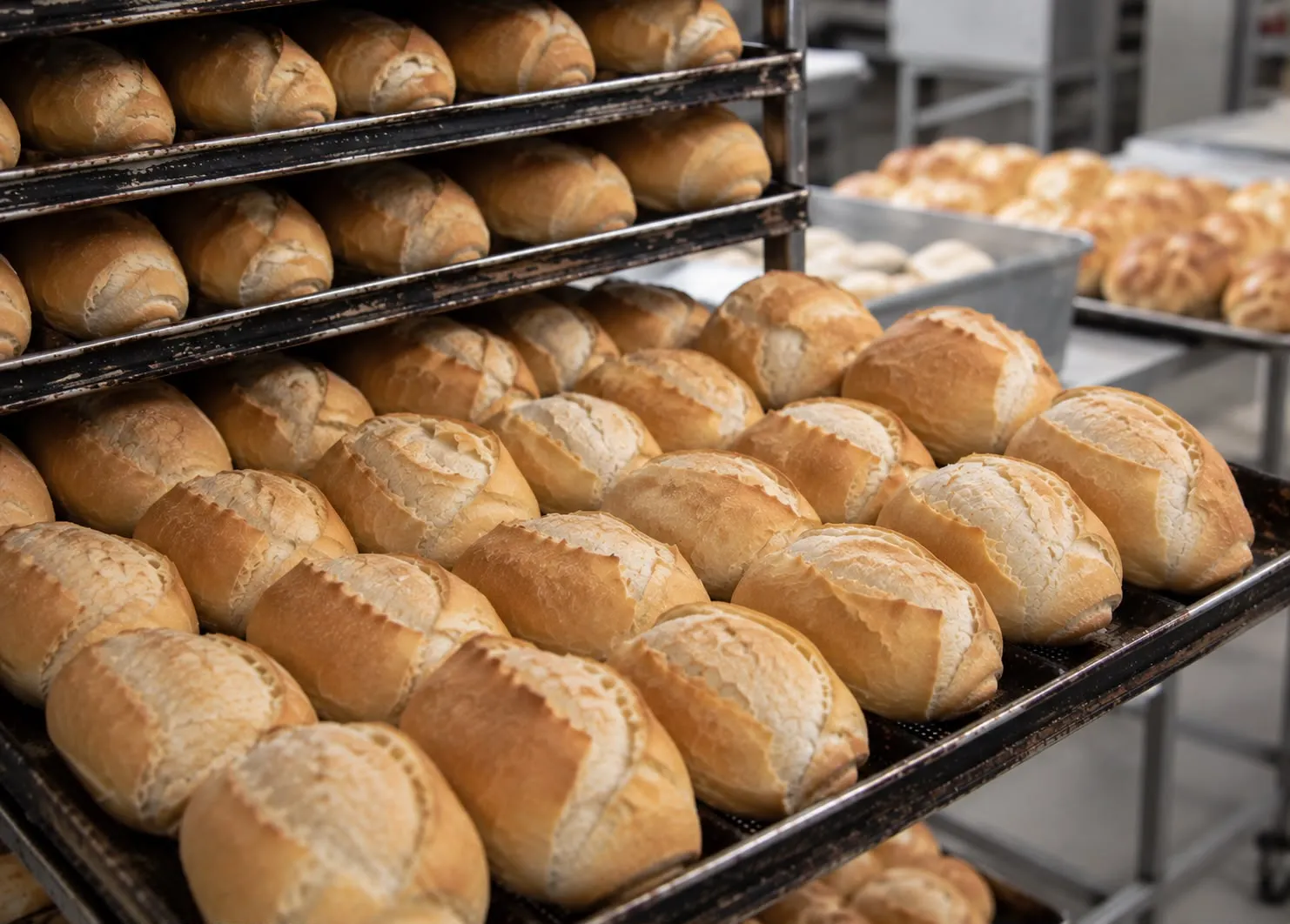 Padarias do Paraná / pães franceses em prateleira de pães.