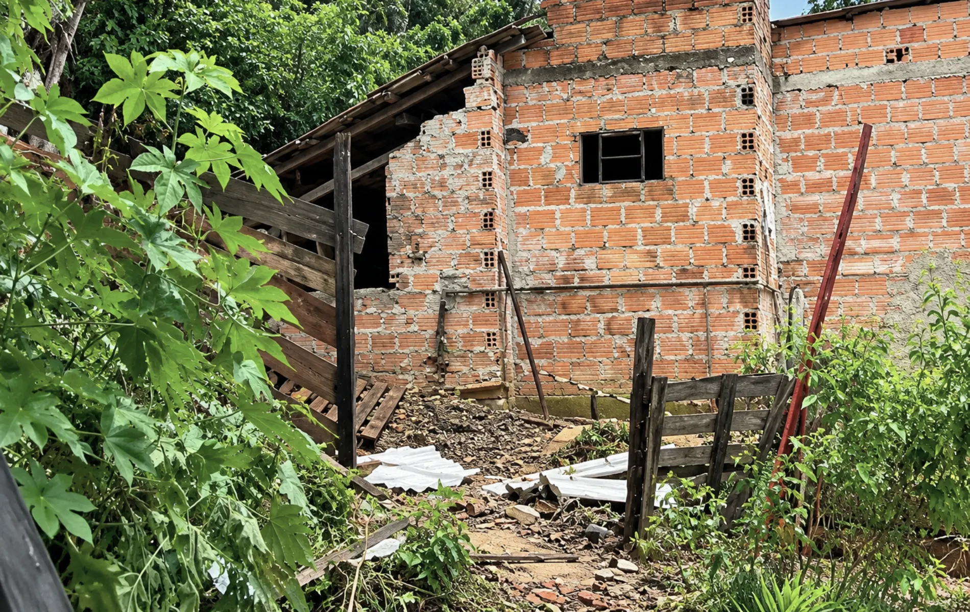 #PraCegoVer #DescriçãoDaImagem Fotografia em enquadramento médio mostrando a estrutura danificada de uma residência de tijolos alaranjados sem reboco. No centro, o telhado de madeira e telhas de fibrocimento desabou parcialmente, expondo o interior da edificação e deixando escombros, pedaços de madeira e restos de telha espalhados pelo chão. Em primeiro plano, à esquerda e à direita, veem-se folhagens e vegetação verde cobrindo trechos de cercas de madeira e estacas. Ao fundo, árvores com folhagem densa completam o cenário sob iluminação diurna.