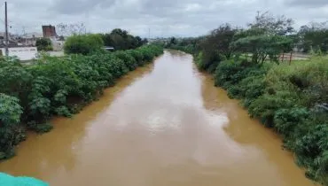 A foto mostra o Rio Barigui cheio, com água amarelada e encostas verdes preservadas, passando em meio a duas ruas do bairro CIC.