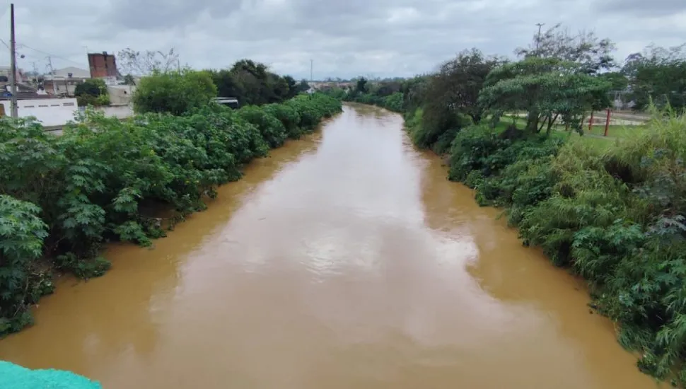 A foto mostra o Rio Barigui cheio, com água amarelada e encostas verdes preservadas, passando em meio a duas ruas do bairro CIC.