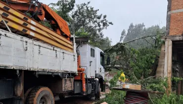 Fotografia em enquadramento médio e ângulo oblíquo de uma equipe de manutenção trabalhando após queda de árvore em área residencial. À esquerda, em primeiro plano, destaca-se a lateral e traseira de um caminhão de serviços elétricos branco, munido de braço mecânico articulado alaranjado e escadas duplas de fibra fixadas na lateral da caçamba. À direita, sobre o solo de terra batida, vê-se um carretel de cabos elétricos e galhos partidos espalhados, resultantes da queda de uma grande árvore que atingiu os cabos e a lateral de uma edificação de tijolos aparentes ao fundo. Uma pessoa vestindo capa de chuva amarela opera próximo aos escombros da árvore sob céu nublado.