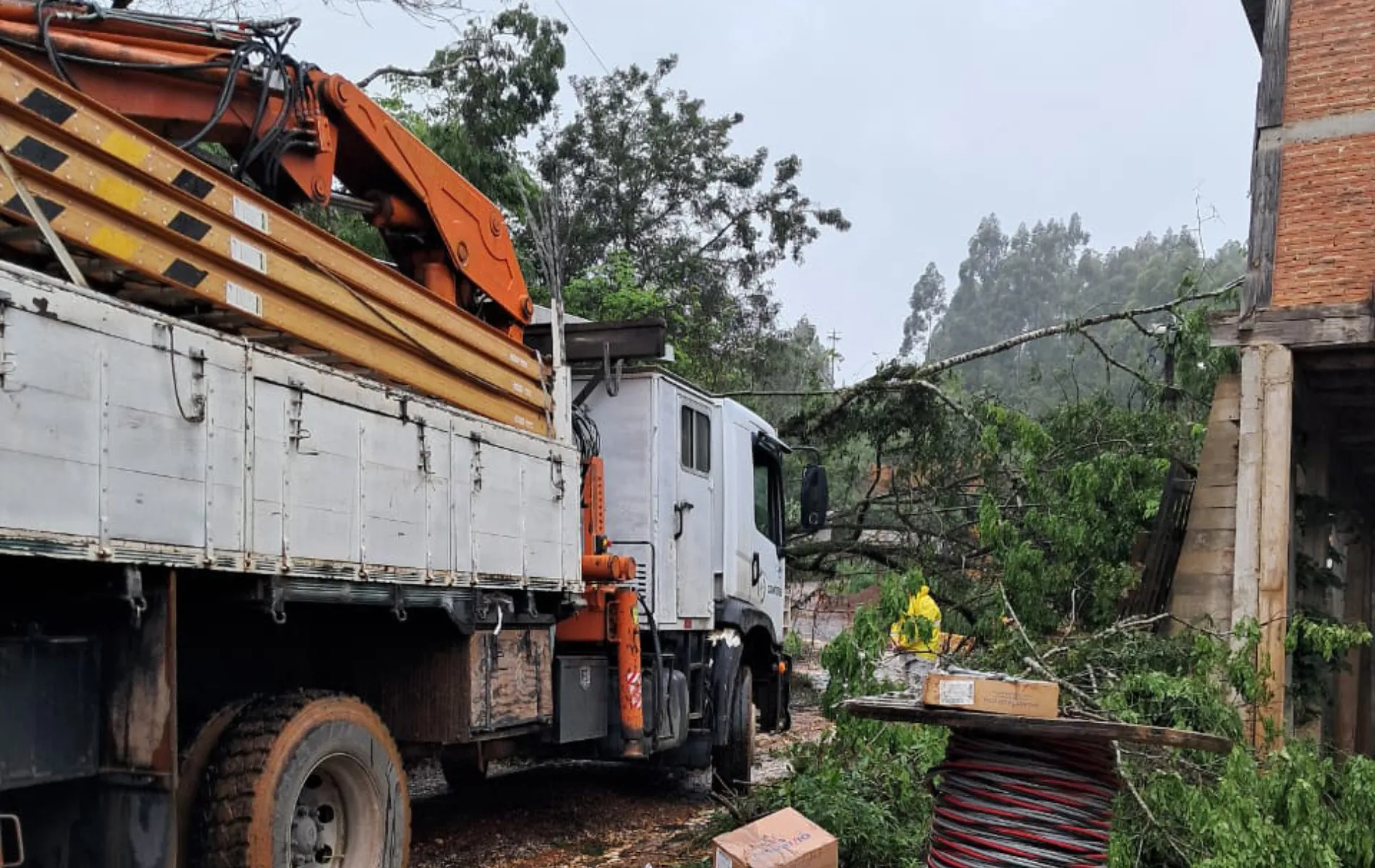 Fotografia em enquadramento médio e ângulo oblíquo de uma equipe de manutenção trabalhando após queda de árvore em área residencial. À esquerda, em primeiro plano, destaca-se a lateral e traseira de um caminhão de serviços elétricos branco, munido de braço mecânico articulado alaranjado e escadas duplas de fibra fixadas na lateral da caçamba. À direita, sobre o solo de terra batida, vê-se um carretel de cabos elétricos e galhos partidos espalhados, resultantes da queda de uma grande árvore que atingiu os cabos e a lateral de uma edificação de tijolos aparentes ao fundo. Uma pessoa vestindo capa de chuva amarela opera próximo aos escombros da árvore sob céu nublado.