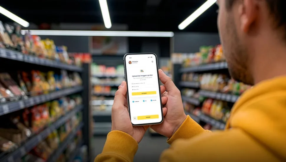 Fotografia em enquadramento médio com plano subjetivo (over the shoulder) no interior de um supermercado ou loja de conveniência. Em primeiro plano, à direita, sobressaem-se a cabeça e os ombros de uma pessoa vestindo casaco amarelo-mostarda, vista de costas. Com as duas mãos, ela segura um smartphone na vertical exibindo um aplicativo na tela clara com botões amarelos e o texto "Upload da imagem do PDV". Ao fundo, o corredor do estabelecimento aparece desfocado em profundidade de campo rasa, mostrando prateleiras laterais repletas de produtos e luminárias de LED em formato tubular presas ao teto escuro.