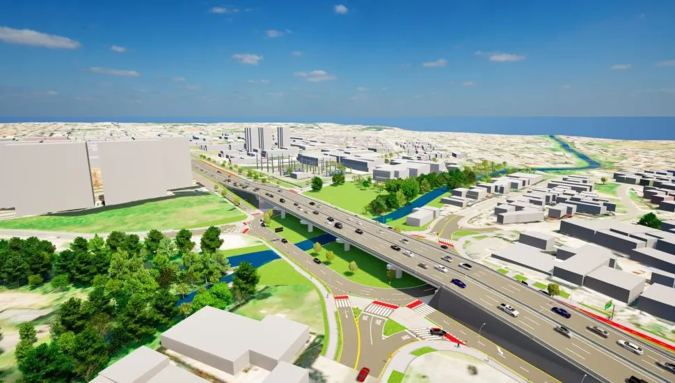 Imagem ilustrativa mostra como ficará o Viaduto Curitiba-Pinhais, obra que busca ampliar a capacidade de circulação e melhorar a mobilidade na conexão de Curitiba com a Região Metropolitana.