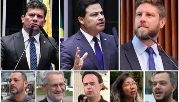 Composição fotográfica dividida em duas fileiras horizontais com retângulos de retratos de figuras políticas e públicas em ambientes institucionais e externos. Na fileira superior, composta por três quadros verticais maiores em plano médio curto:No quadro da esquerda, o senador Sergio Moro discursa diante de microfones, vestindo terno escuro, camisa branca e gravata listrada azul e preta, com a bandeira do Brasil ao fundo. No quadro central, o político discursa gesticulando com a mão direita erguida, vestindo terno azul-marinho, camisa branca e gravata azul-bic. No quadro da direita, o deputado federal Marcel van Hattem é visto em ângulo levemente baixo, vestindo terno cinza-escuro, camisa azul-clara e gravata de textura azul-marinho diante de um painel de madeira. Na fileira inferior, composta por cinco quadros menores em primeiro plano fechado:No primeiro quadro, da esquerda para a direita, um homem de barba e terno/casaco cinza fala em ambiente externo. No segundo quadro, um homem de cabelos grisalhos, óculos de grau e terno escuro sorri de frente. No terceiro quadro, um homem jovem de cabelo escuro e camisa marrom fala em público em área aberta. No quarto quadro, uma mulher de cabelos escuros ondulados com mexas claras e óculos de armação vermelha olha em direção lateral. No quinto quadro, no canto inferior direito, um homem de barba curta e camiseta verde com gola vermelha é retratado em ambiente externo.
