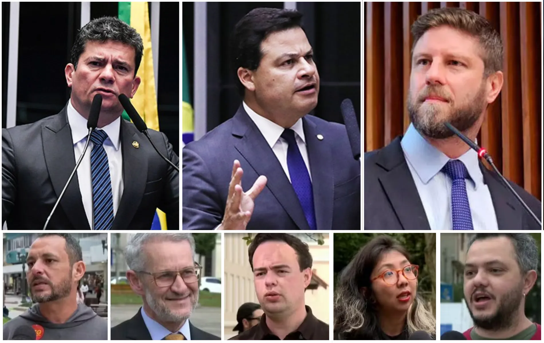 Composição fotográfica dividida em duas fileiras horizontais com retângulos de retratos de figuras políticas e públicas em ambientes institucionais e externos. Na fileira superior, composta por três quadros verticais maiores em plano médio curto:No quadro da esquerda, o senador Sergio Moro discursa diante de microfones, vestindo terno escuro, camisa branca e gravata listrada azul e preta, com a bandeira do Brasil ao fundo. No quadro central, o político discursa gesticulando com a mão direita erguida, vestindo terno azul-marinho, camisa branca e gravata azul-bic. No quadro da direita, o deputado federal Marcel van Hattem é visto em ângulo levemente baixo, vestindo terno cinza-escuro, camisa azul-clara e gravata de textura azul-marinho diante de um painel de madeira. Na fileira inferior, composta por cinco quadros menores em primeiro plano fechado:No primeiro quadro, da esquerda para a direita, um homem de barba e terno/casaco cinza fala em ambiente externo. No segundo quadro, um homem de cabelos grisalhos, óculos de grau e terno escuro sorri de frente. No terceiro quadro, um homem jovem de cabelo escuro e camisa marrom fala em público em área aberta. No quarto quadro, uma mulher de cabelos escuros ondulados com mexas claras e óculos de armação vermelha olha em direção lateral. No quinto quadro, no canto inferior direito, um homem de barba curta e camiseta verde com gola vermelha é retratado em ambiente externo.