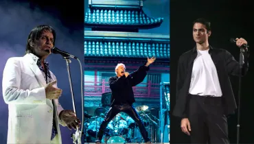 Imagem composta dividida verticalmente em três quadros, exibindo apresentações ao vivo de três cantores. No quadro da esquerda, em plano médio, o cantor Roberto Carlos é retratado de perfil de três quartos, voltado para a direita. Ele é um homem idoso de pele clara e cabelos castanhos ondulados na altura do pescoço. Veste um paletó de terno branco sobre uma camisa estampada em tons de azul e branco, gesticulando com as mãos abertas enquanto canta próximo a um microfone em pedestal. O fundo exibe fumaça cênica sob iluminação arroxeada. No quadro central, em plano geral, o cantor Bruce Dickinson (da banda Iron Maiden) aparece no centro do palco em postura performática. Ele é um homem de pele clara e cabelos curtos e grisalhos, vestindo blusa preta de mangas compridas e calça preta ajustada. Ele está com as pernas abertas, braço esquerdo estendido para cima e canta com um microfone na mão direita. Ao fundo, destaca-se um cenário temático com arquitetura oriental de telhado em estilo pagode iluminado em azul e vermelho, com a bateria visível abaixo. No quadro da direita, em plano médio longo, o cantor Matteo Bocelli posa de frente olhando ligeiramente para a esquerda. Ele é um homem jovem de pele clara, cabelos pretos curtos e alinhados. Veste uma camisa preta de mangas compridas aberta sobre uma camiseta branca básica e calça preta. Segura o topo de um pedestal de microfone com a mão esquerda. O fundo é totalmente preto e neutro.