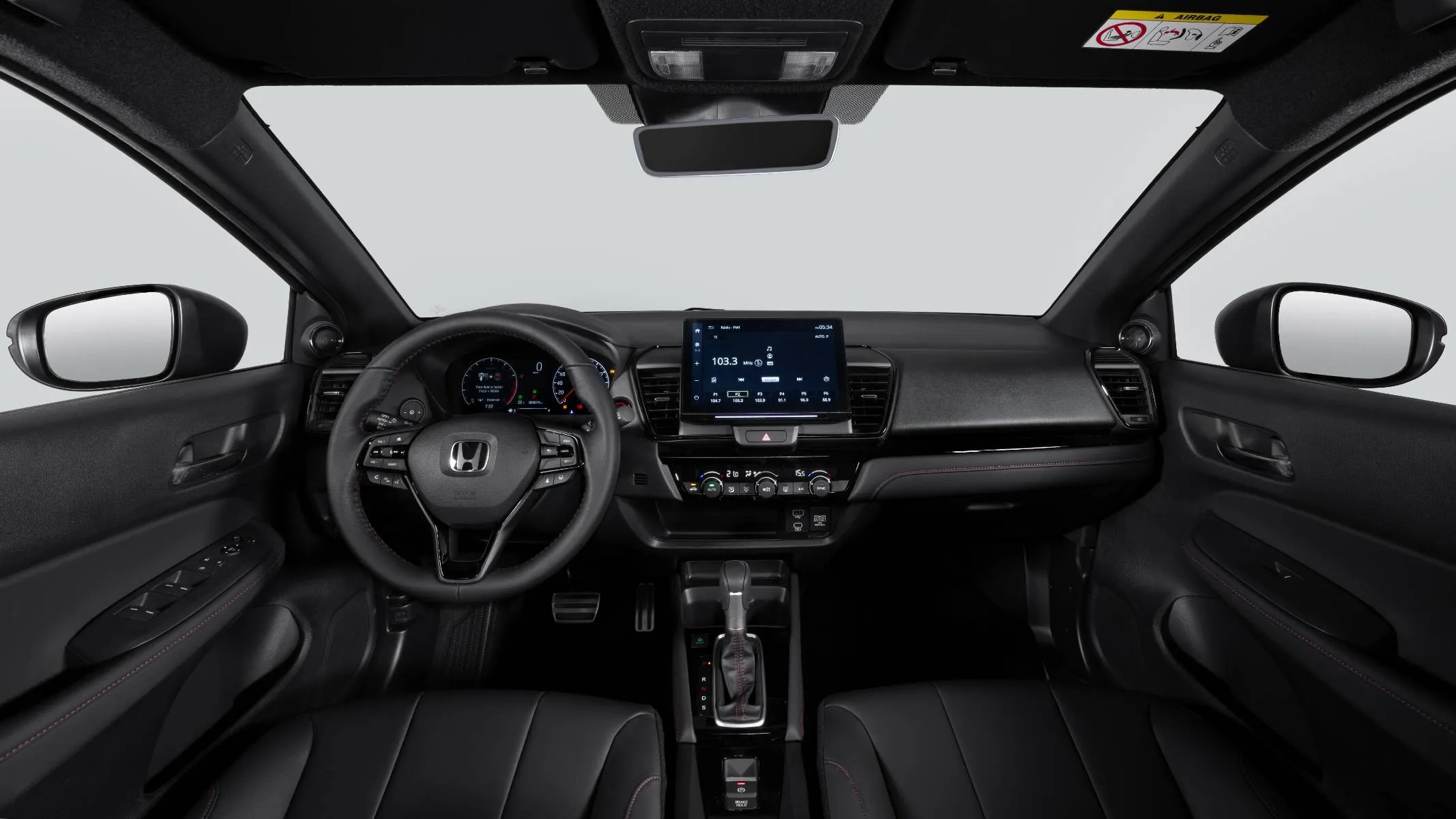 City hatchbach RS interna teto preto - O interior exclusivo do novo City Hatchback RS conta com teto na cor preta, costuras vermelhas no revestimento, pedaleiras de alumínio e a nova central multimídia de 10” com controle de volume por gestos e conexão sem fio.
