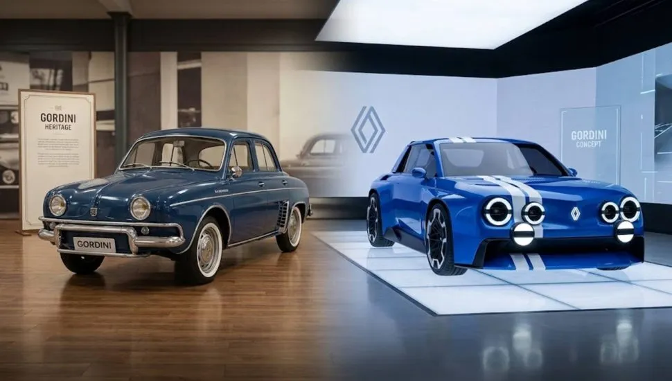Imagem mostra uma montagem com o Renault Gordini 1960 ao lado de um moderno, elétrico na versão conceito da Renault.