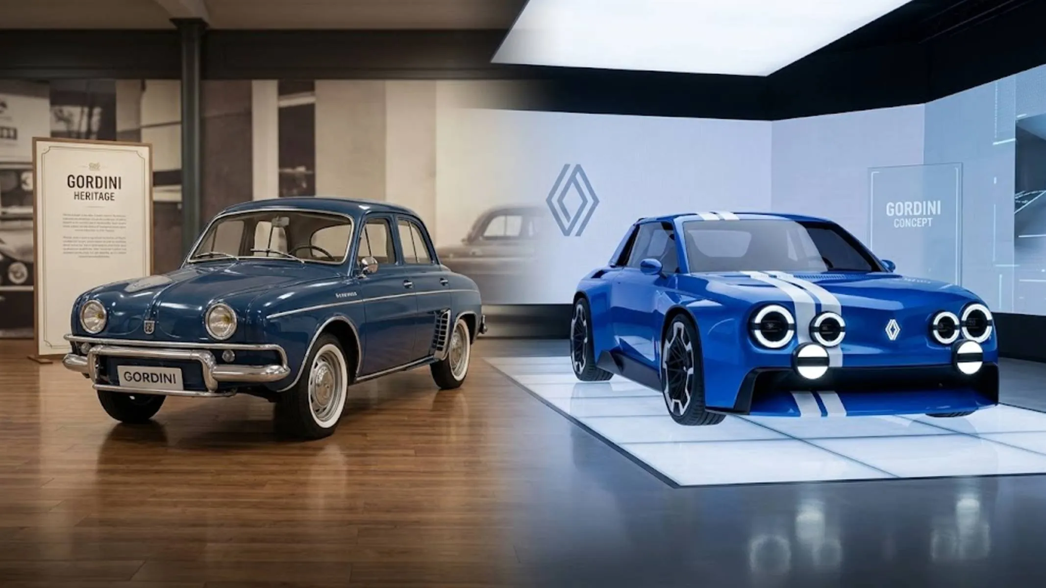 Imagem mostra uma montagem com o Renault Gordini 1960 ao lado de um moderno, elétrico na versão conceito da Renault.