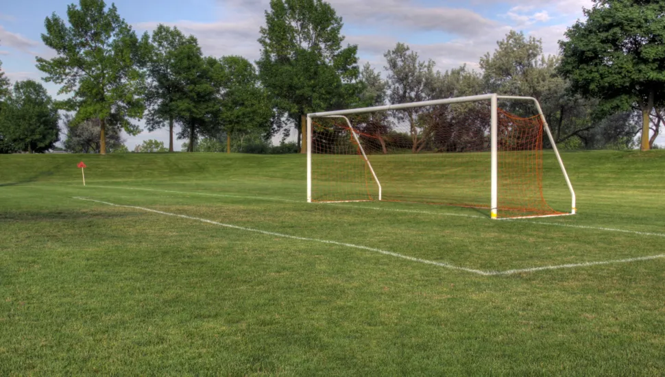 Fotografia em plano geral de um campo de futebol amador instalado em uma área verde ou parque arborizado. Em primeiro plano, destaca-se a grama verde bem aparada do campo, cortada pelas linhas brancas marcadas no solo que delimitam a grande área. À direita, posiciona-se uma trave de futebol com estrutura metálica branca e rede de cor alaranjada. À esquerda, vê-se uma pequena bandeirinha de escanteio vermelha fincada na grama. No plano intermediário, o terreno estende-se ligeiramente em aclive em direção ao fundo, margeado por uma densa fileira de árvores de copas frondosas e variadas. Ao fundo, sob um céu parcialmente nublado, a luz natural diurna ilumina toda a paisagem aberta.