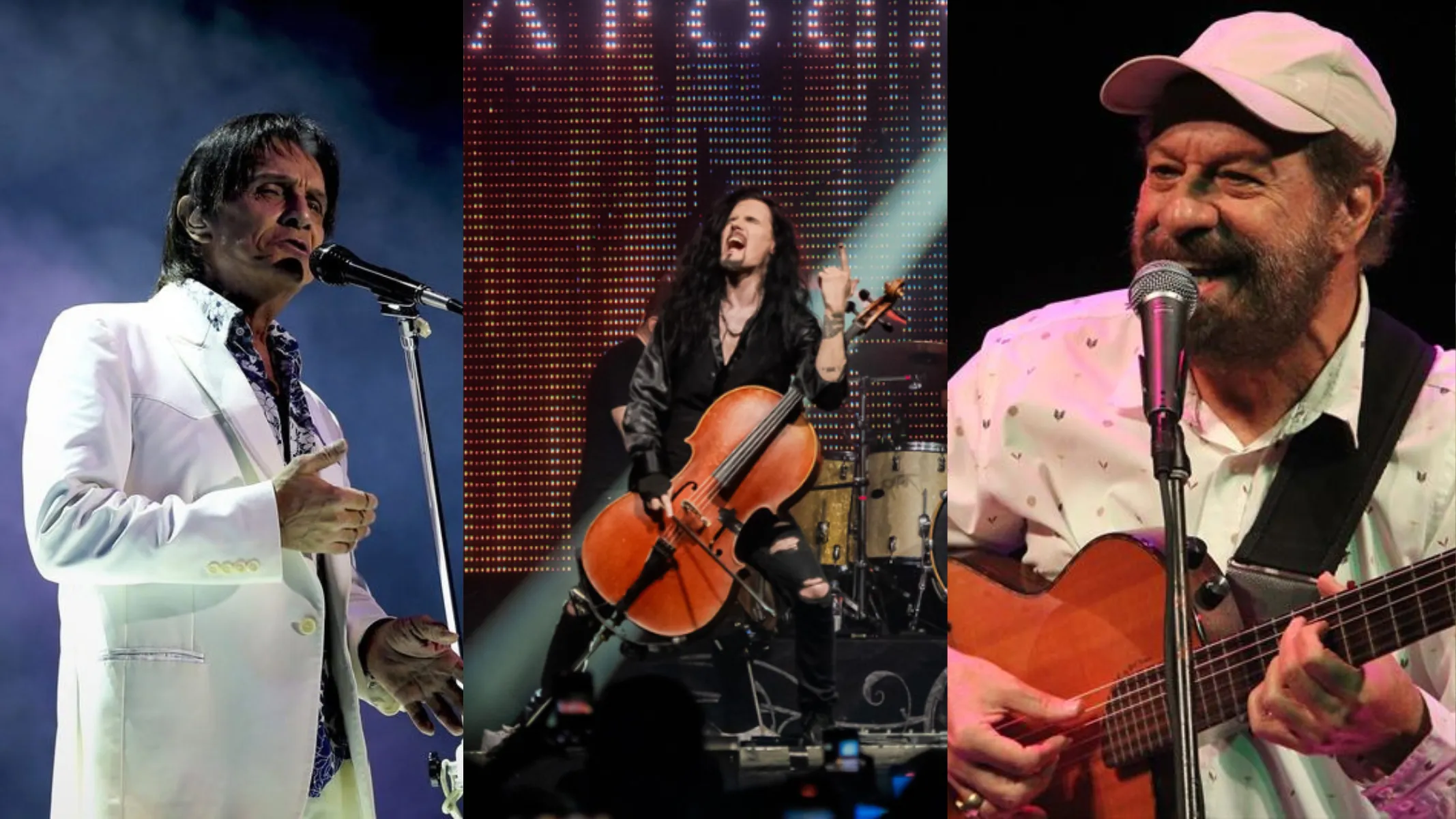 Fotografia em tríptico dividida verticalmente em três quadros, apresentando retratos de três artistas musicais em apresentações ao vivo. À esquerda, no primeiro quadro em plano médio, destaca-se o cantor Roberto Carlos apresentando-se em um palco. Homem de pele clara e cabelos escuros, ele canta em um microfone fixo em pedestal, vestindo elegante terno branco com camisa social estampada aberta na gola. Ao centro, no segundo quadro em plano médio, um violoncelista da banda Apocalyptica performa energeticamente no palco. Homem de cabelos longos e escuros, vestindo roupas pretas, ele toca seu violoncelo sob iluminação cênica e um painel de LED ao fundo. À direita, no terceiro quadro em plano médio, o cantor e compositor Almir Sater toca viola caipira enquanto canta em um microfone. Homem de pele clara, barba e bigode grisalhos, ele usa boné claro e camisa social branca com delicados detalhes estampados, sustentando o instrumento com uma correia preta. Ao fundo de cada quadro, a iluminação cênica e a atmosfera de show ao ar livre ou em casa de espetáculos compõem o ambiente de cada apresentação.