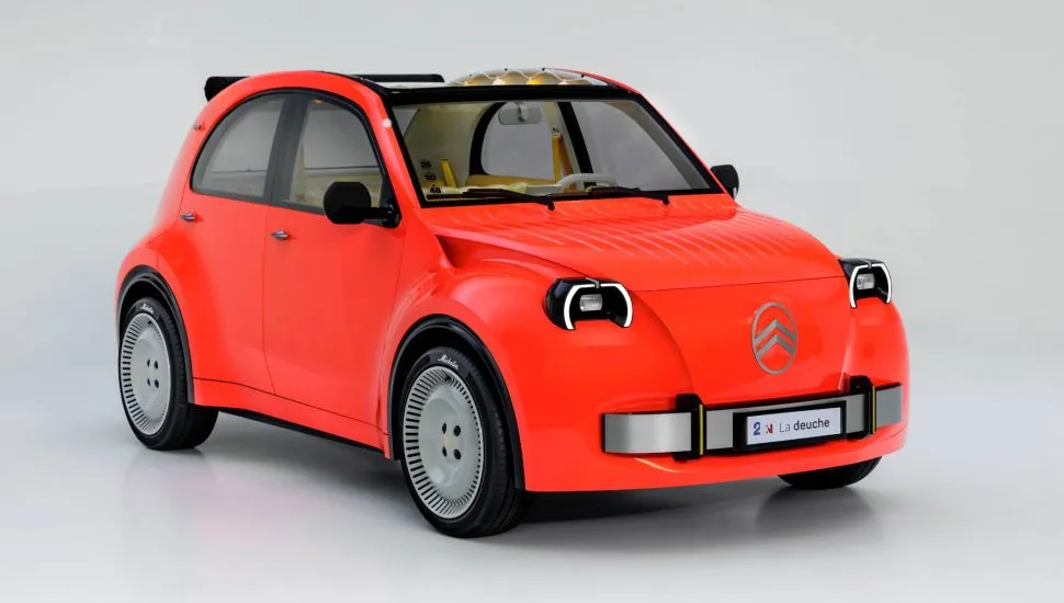 Citroen 2 CV dianteira vermelho - Dianteira do protótipo elétrico 2 CV Concept na cor Infra Red, com faróis redondos e assinatura luminosa em LED. O visual recupera as linhas arredondadas do modelo original sob uma proposta voltada para regulamentações de veículos compactos urbanos na Europa.