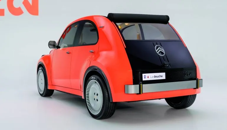 Citroen 2 CV traseira detalhe em preto - Traseira do Citroën 2 CV Concept com tampa do porta-malas na cor preta, em referência ao design de 1948. O modelo mede 3,76 metros de comprimento e integra a nova proposta de mobilidade urbana elétrica da marca.