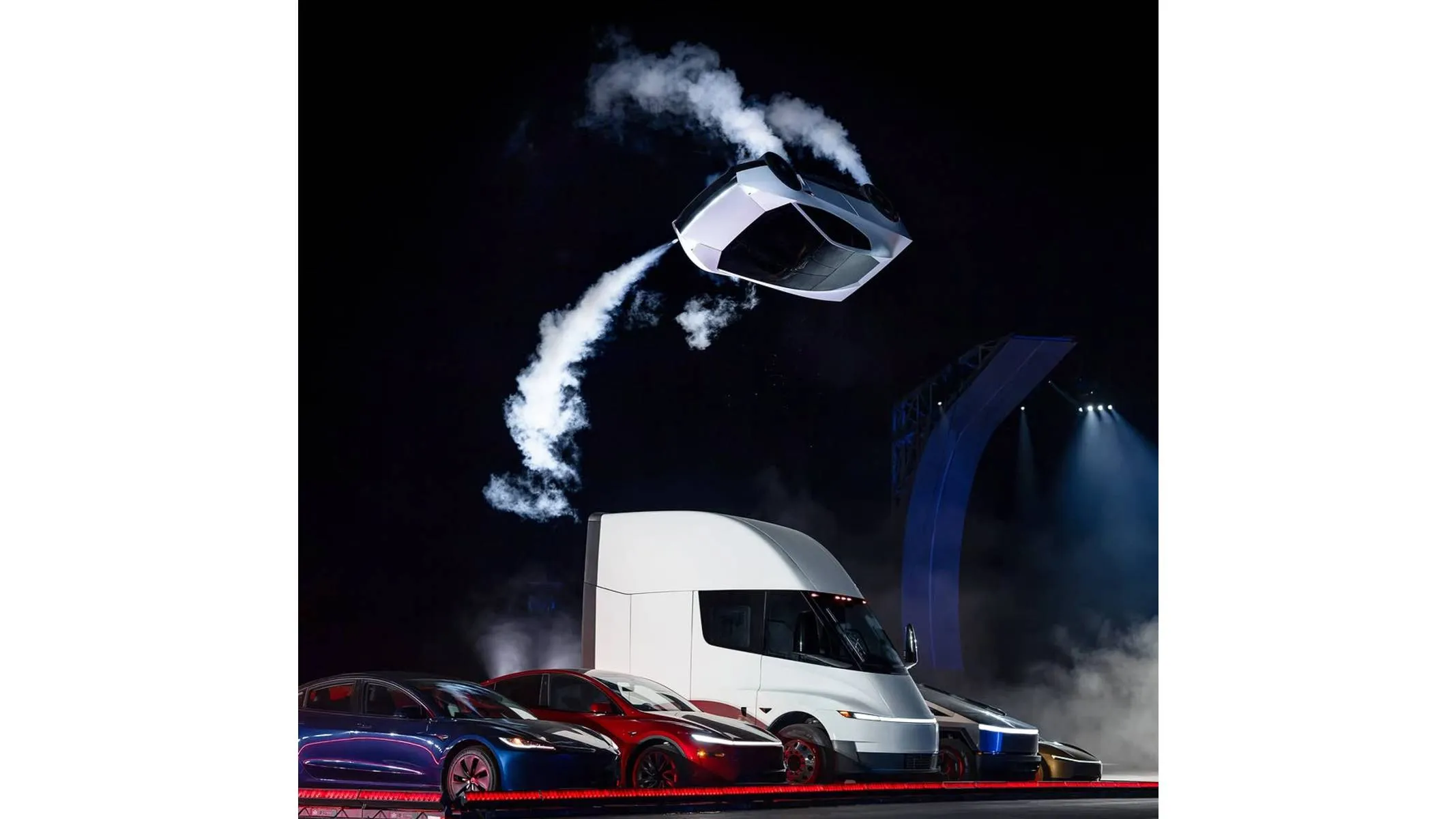 Tesla Roadster roquet saltando caminhao 2 - Imagem mostra o momento em que o Tesla Roadster Roquet salta caminhões e carros.