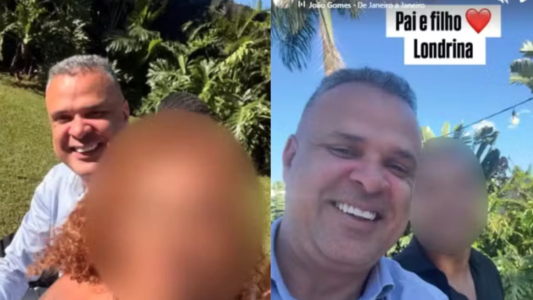 Fotografia em formato de duas capturas de tela lado a lado, mostrando momentos de um homem sorridente ao ar livre, com rostos parcialmente borrados por privacidade e legendas sobrepostas. Em primeiro plano, na imagem à esquerda, um homem de pele clara e cabelos curtos grisalhos sorri ao lado de uma pessoa com cabelos cacheados ruivos cujo rosto está coberto por um efeito de desfoque. À direita, uma segunda captura em selfie mostra o mesmo homem sorrindo com expressão alegre, vestindo camisa clara, ao lado de outra pessoa com o rosto também borrado. Na parte superior direita, destaca-se uma legenda em destaque com fundo branco e letras pretas onde se lê "Pai e filho ❤️" e, abaixo, "Londrina", além de indicação de áudio musical de João Gomes. No plano intermediário e ao fundo de ambas as cenas, uma vegetação verde densa e árvores sob forte luz solar diurna compõem o cenário externo.
