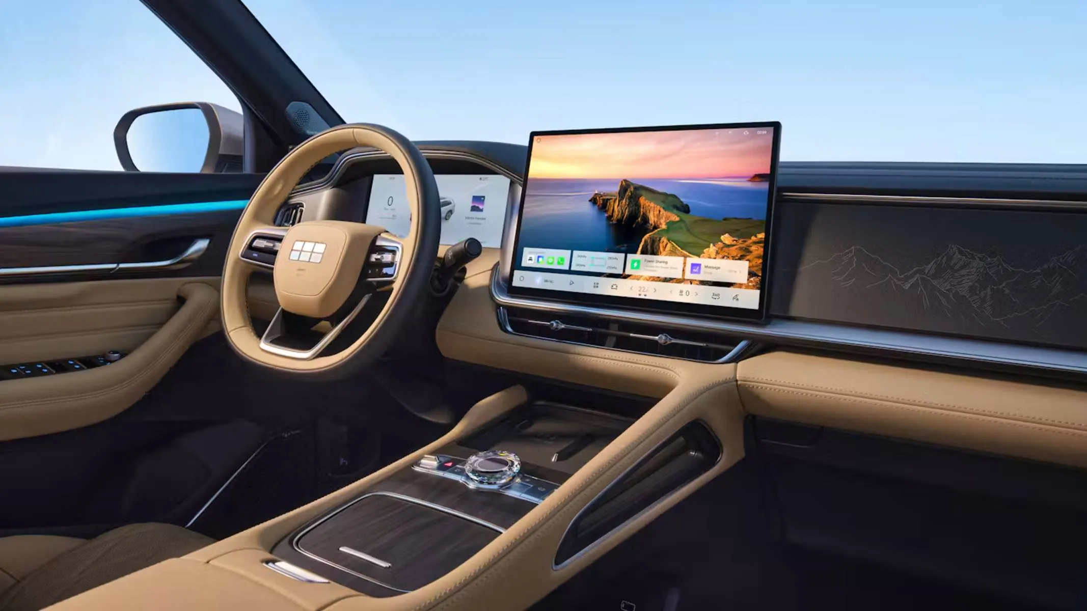 Geely Monjaro EM-i interna painel - A cabine do Geely Monjaro EM-i destaca-se pela integração de três telas digitais e sistema de som imersivo Flyme Sound com 16 alto-falantes.