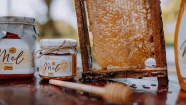 Fotografia em plano aproximado (close-up) de produtos apícolas dispostos sobre uma superfície de madeira ao ar livre.Em primeiro plano e no centro, um pegador de mel de madeira repousa horizontalmente sobre a bancada, com gotas de mel brilhantes ao seu redor. No plano intermediário, à esquerda, aparecem dois potes de vidro de tamanhos diferentes contendo mel, ambos com rótulos brancos decorados com ilustrações de favos e a palavra "Mel" em destaque, além de tampas arrematadas com tecido e amarradas por cordas rústicas. Ao centro-direita, uma moldura de madeira sustenta um favo de mel fresco e dourado, gotejando mel em direção à base. À extrema direita, parte de outro recipiente com mel completa a composição. Ao fundo, a luz natural suave ilumina a cena, com vegetação desfocada ao longe.