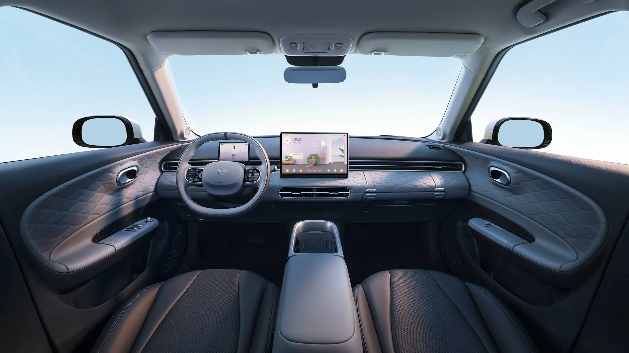 Dongfeng Box interna 2 - A cabine do DFM Box destaca a central multimídia de até 12,8 polegadas, carregamento por indução e porta-luvas com abertura funcional em formato de gaveta.