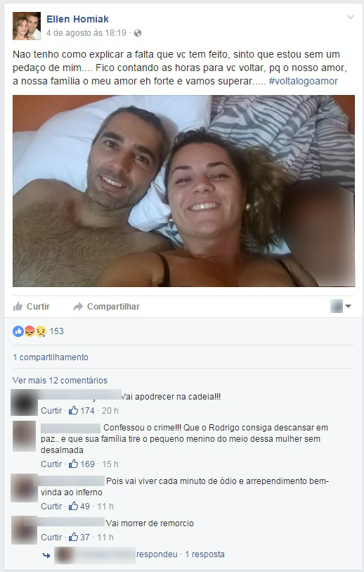 No Facebook, Ellen postou várias fotos pedindo para que o marido voltasse, mas ele já estava morto. Foto: Reprodução.