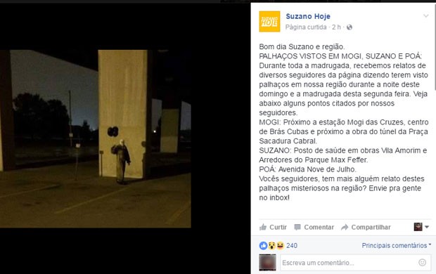 Página Suzano Hoje postou sobre a aparição de um palhaço na cidade. Foto: reprodução/Facebook