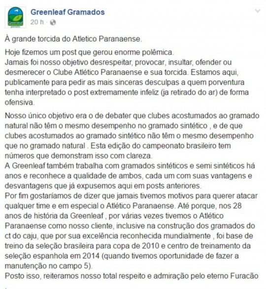 Postagem da Greenleaf pedindo desculpas ao Atlético. Foto: Reprodução