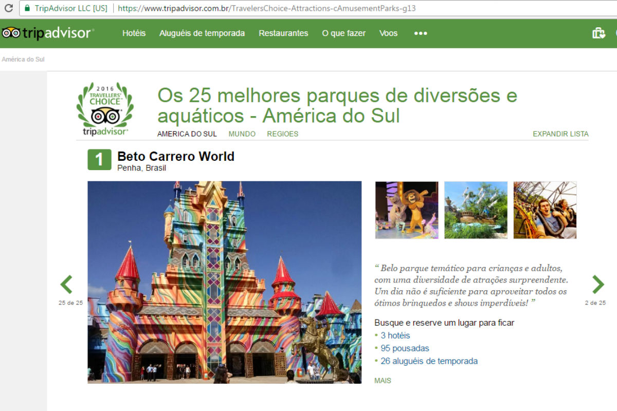 Site TripAdvisor elegeu o Beto Carrero World como o melhor parque de diversões da América do Sul. Foto: Reprodução