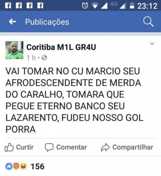 Postagem na rede social contra o zagueiro Márcio, do Coritiba. Foto: Reprodução