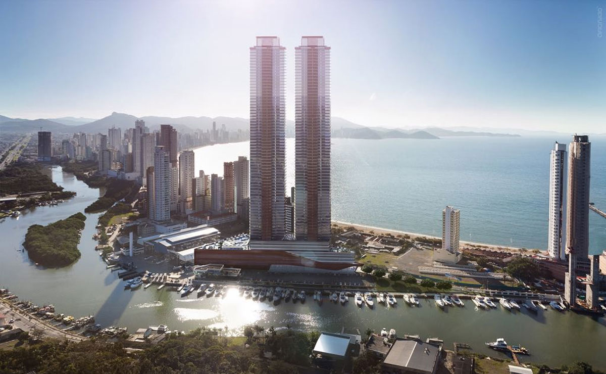 Quando pronto, o Yachthouse Residence Club terá duas torres e 80 andares de altura. Foto: Divulgação.