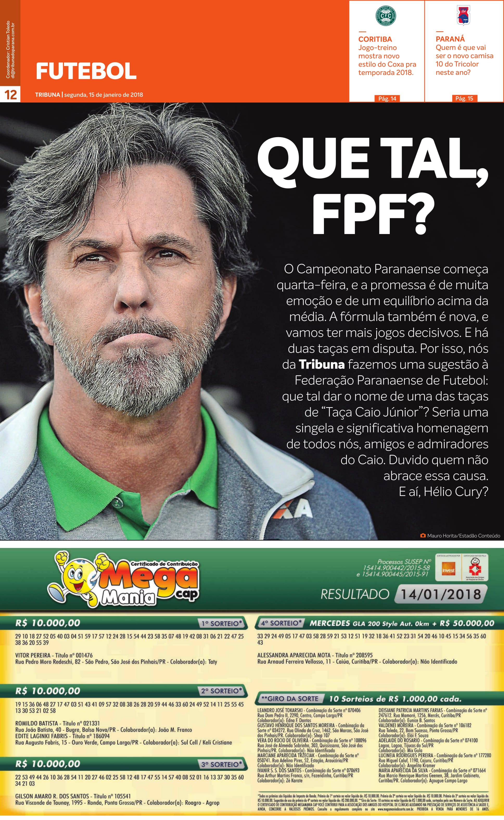 Capa do Esporte da edição de segunda-feira (15) da Tribuna.