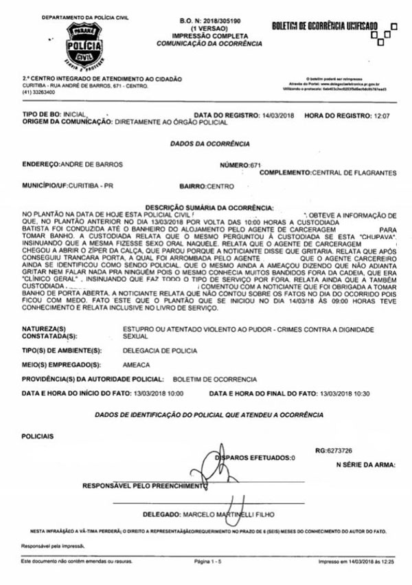 BO registrado pela investigadora. Foto: Reprodução