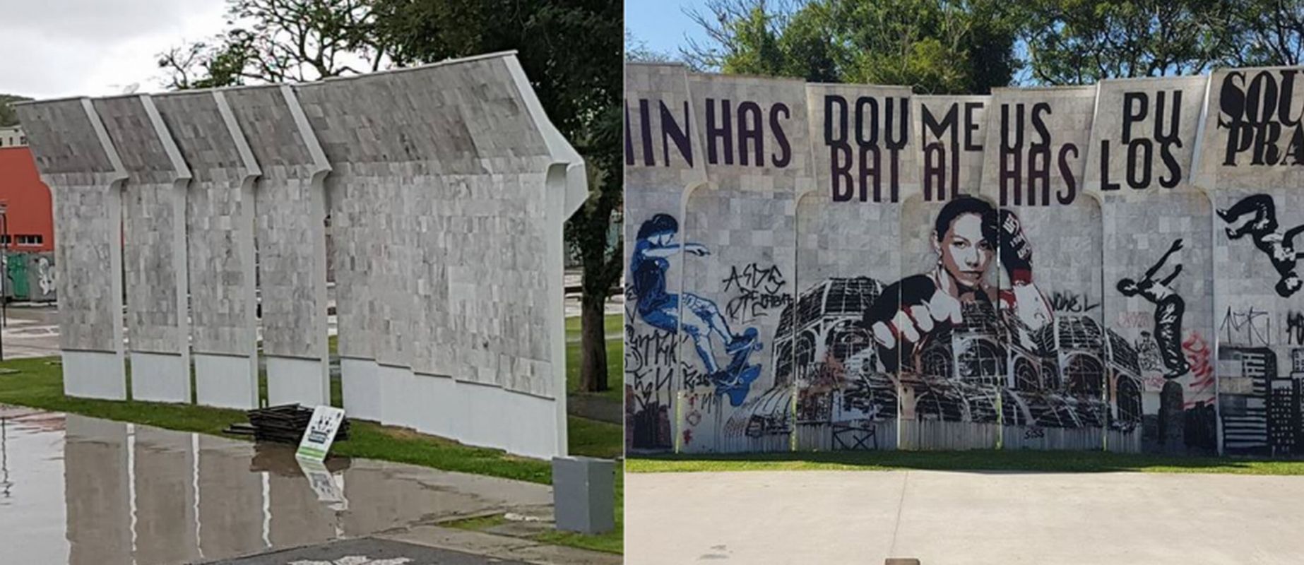 Imagens comparam antes e depois da 'limpeza' na concha acústica da Praça do Atlético. Foto: Reprodução