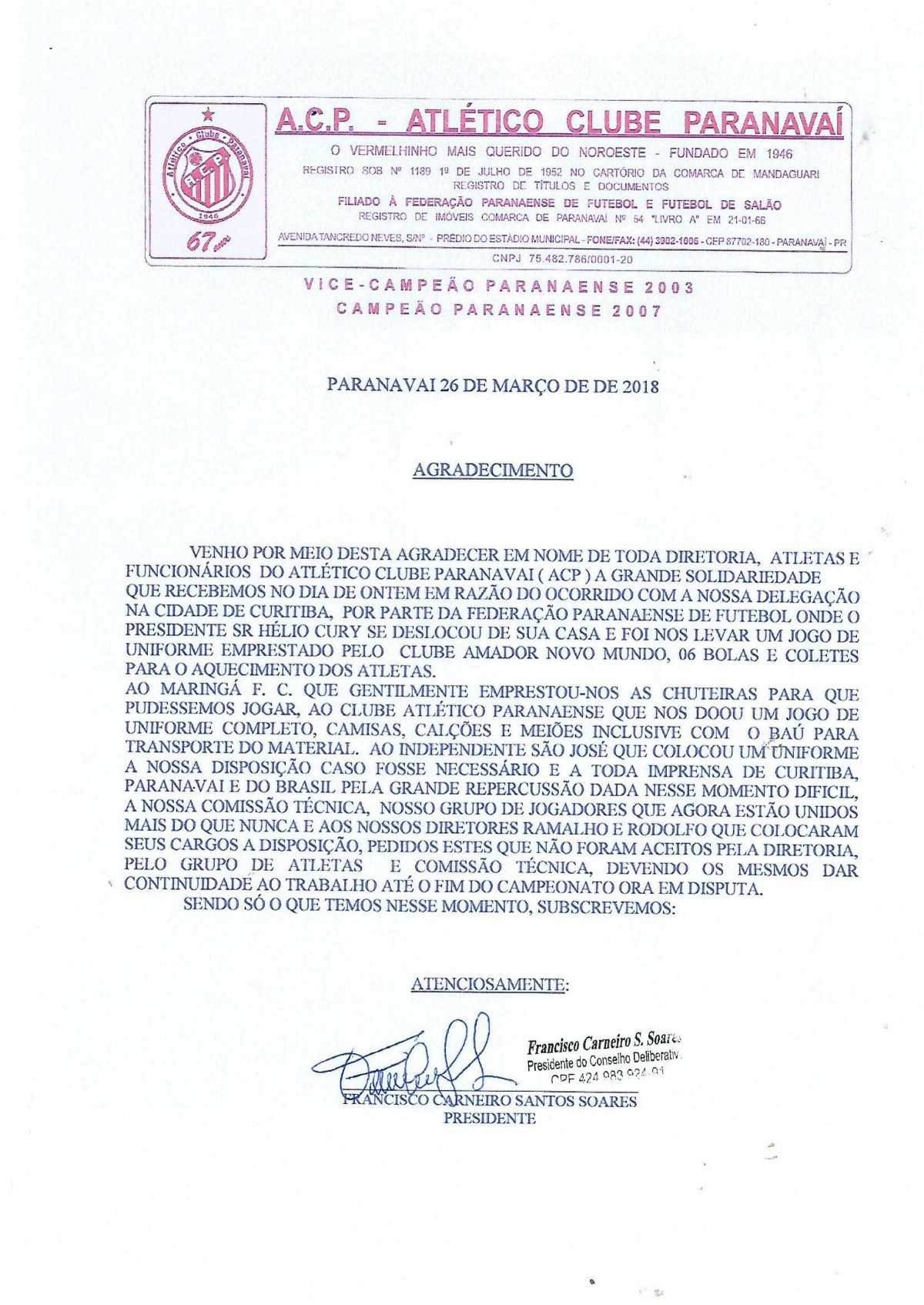 Presidente do ACP divulgou carta de agradecimento ao apoio do Atlético e do Maringá. Foto: Reprodução