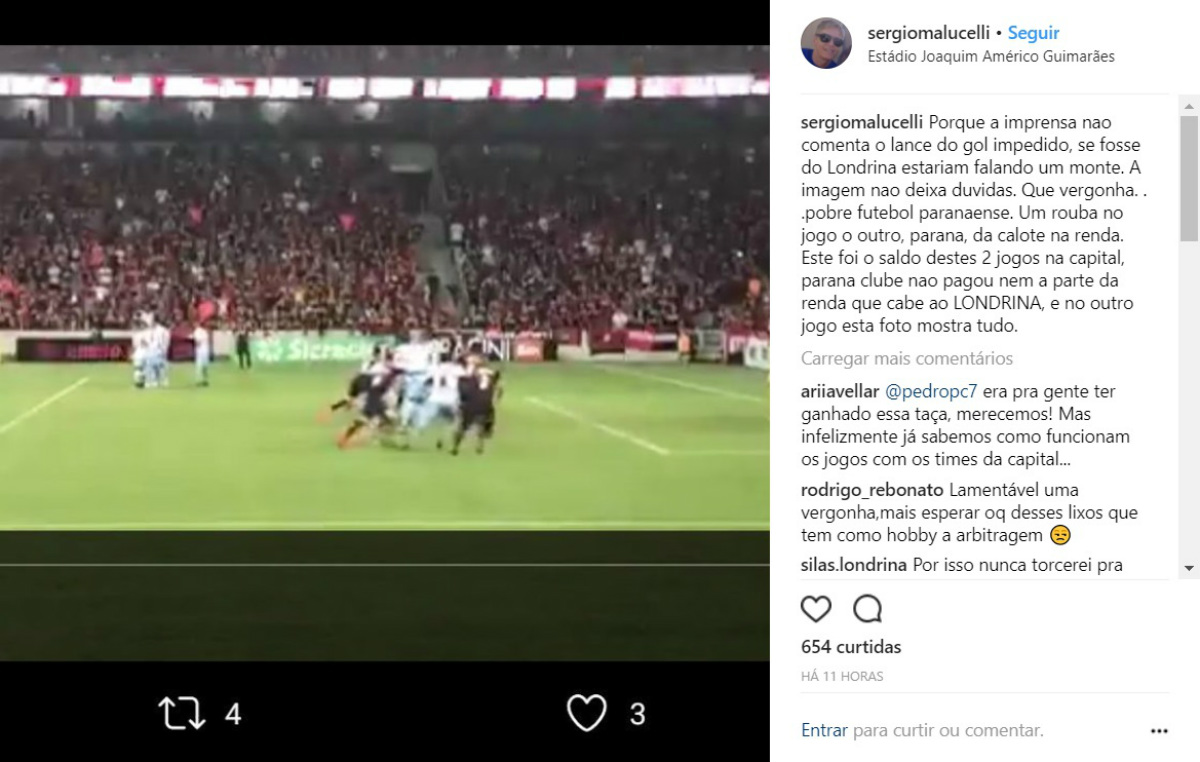 Sérgio Malucelli disparou nas redes sociais contra o Paraná Clube e a arbitragem. Foto: Reprodução/Instagram