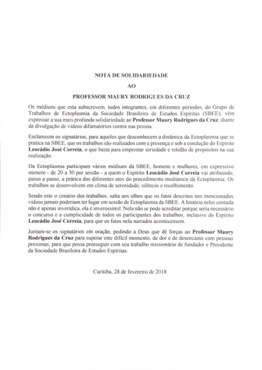 Nota da SBBE em solidariedade ao médium. Imagem: Reprodução/Facebook