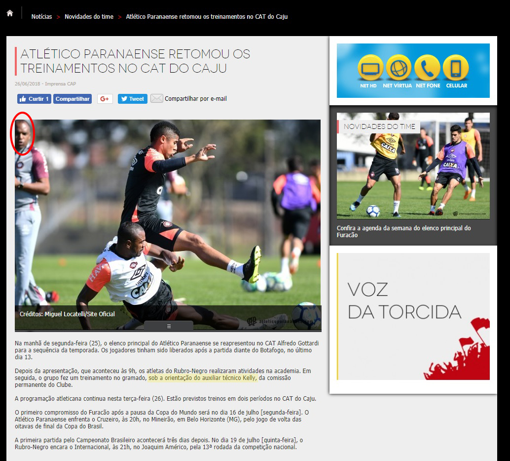 A matéria divulgada no site do Atlético, com destaque para Kelly na foto e no texto. Foto: Reprodução