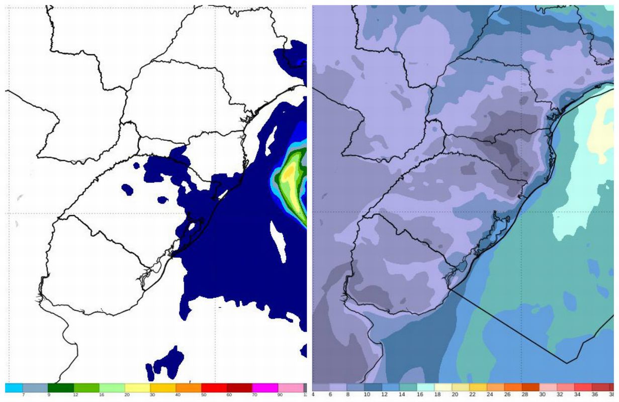 Montagem dos mapas mostra que as temperaturas podem chegar próximas a 0ºC nesta quarta, mas a neve não se forma pela ausência de chuva. Imagem: Reprodução/Inmet